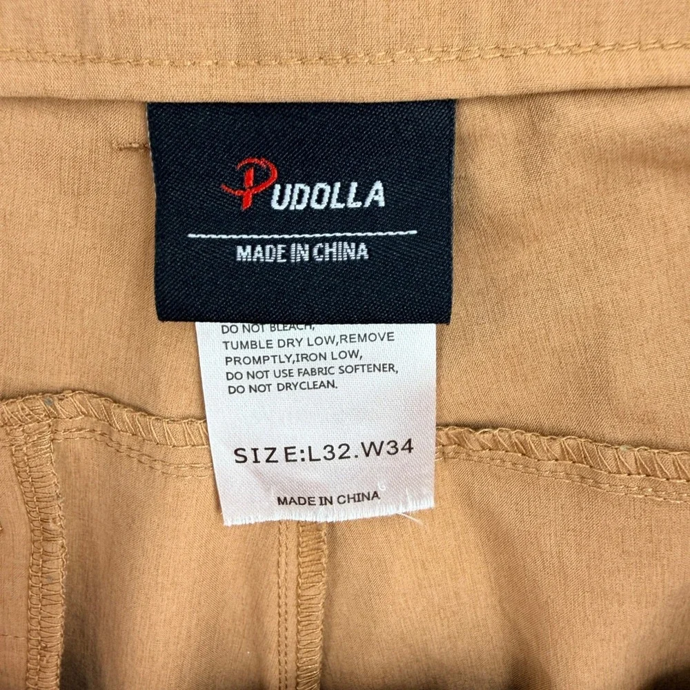 Pudolla Mens 32x34 Golf Pants Camel Brown Performance Slacks Flat Front Chino
